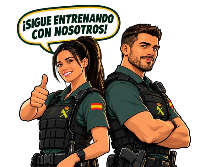 Dos guardias ilustrados; ella levanta el pulgar junto al mensaje: Sigue entrenando con nosotros.